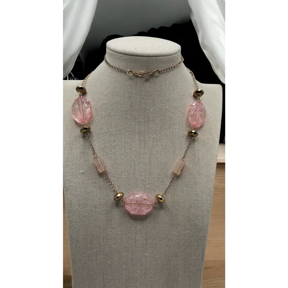 Pink Glass Beaded Long Necklace Gold Tone Station Style - Vintage Soft Romantic